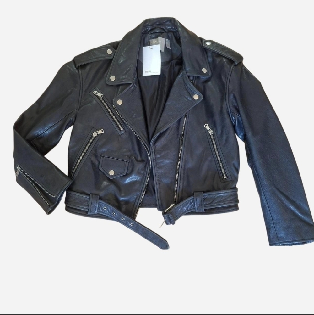 NWT Blue Black 100% Leather Biker Jacket ASOS